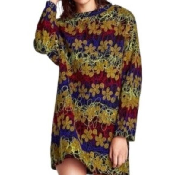 Zara Embroidered Shift Mini Dress Women S Multicolored Floral Long Sleeve 70s - Picture 3 of 14